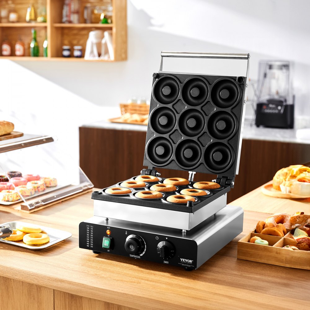 Máquina eléctrica para hacer donas VEVOR, 2000 W, antiadherente, para hacer 9 donas, con 9 agujeros y calefacción de doble cara, ideal para restaurantes y hogares.