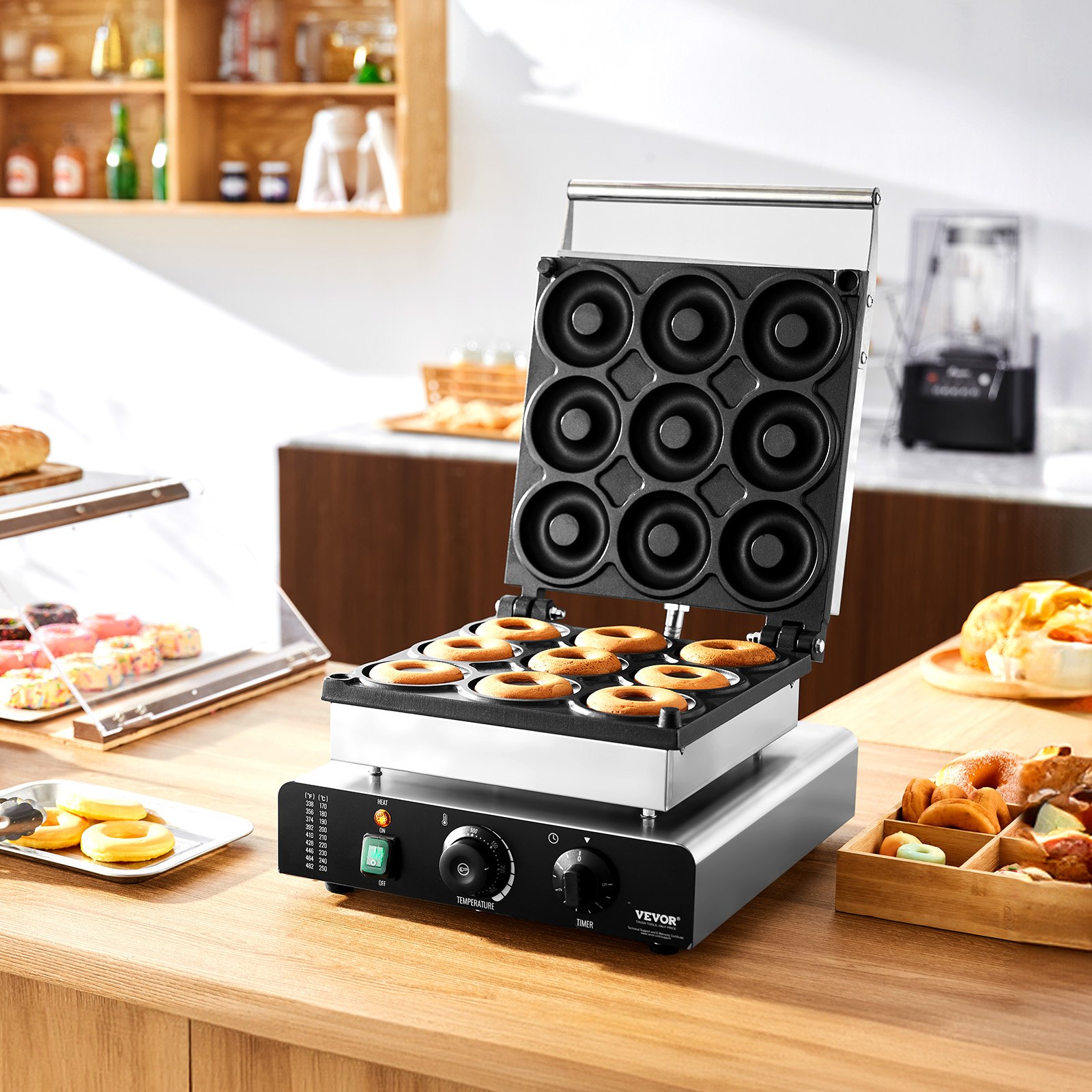 Máquina eléctrica para hacer donas VEVOR, 2000 W, antiadherente, para hacer 9 donas, con 9 agujeros y calefacción de doble cara, ideal para restaurantes y hogares.