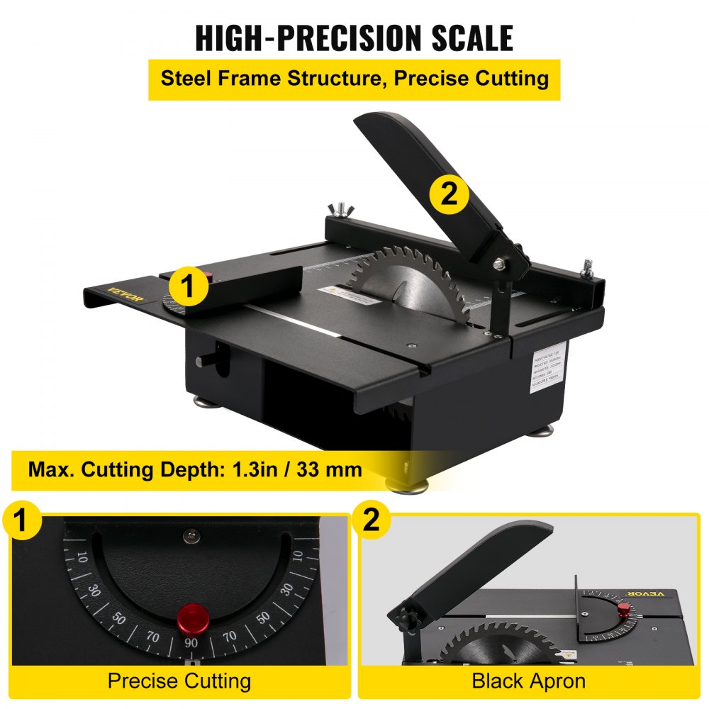 Mini sierra de mesa VEVOR, sierra de mesa Hobby de 200 W para carpintería, sierra de bricolaje portátil de corte en ángulo de 0-90, sierras de mesa multifuncionales 4000RMP, profundidad de corte de 1,57 pulgadas con delantal negro (juego de corte/pulido)