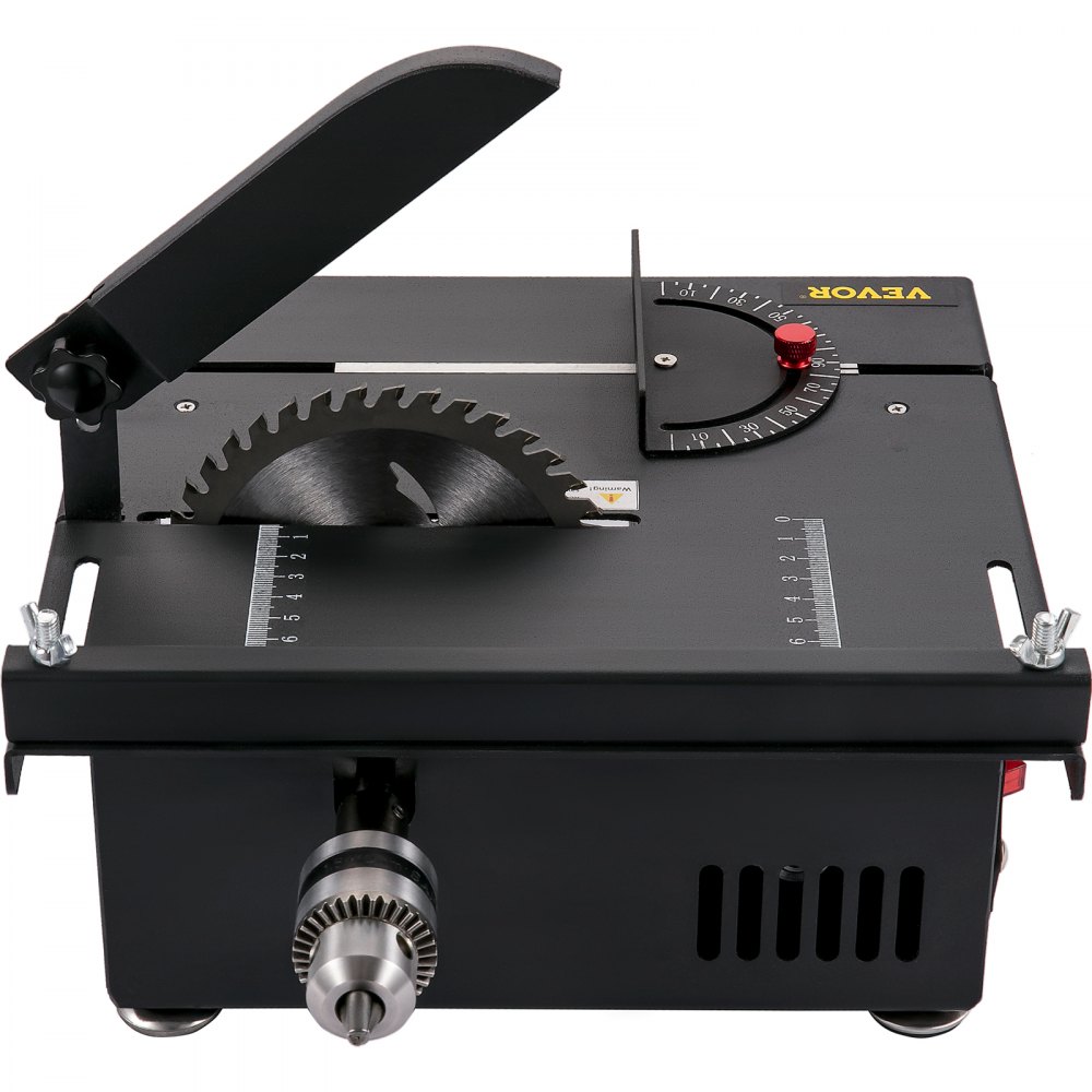 Mini sierra de mesa VEVOR, sierra de mesa Hobby de 200 W para carpintería, sierra de bricolaje portátil de corte en ángulo de 0-90, sierras de mesa multifuncionales 4000RMP, profundidad de corte de 1,57 pulgadas con delantal negro (juego de corte/pulido)