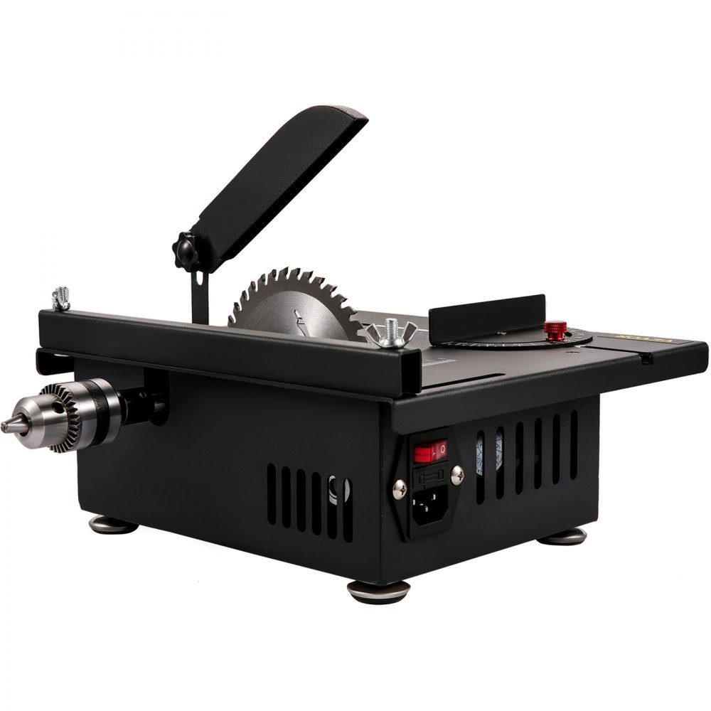 Mini sierra de mesa VEVOR, sierra de mesa Hobby de 200 W para carpintería, sierra de bricolaje portátil de corte en ángulo de 0-90, sierras de mesa multifuncionales 4000RMP, profundidad de corte de 1,57 pulgadas con delantal negro (juego de corte/pulido)