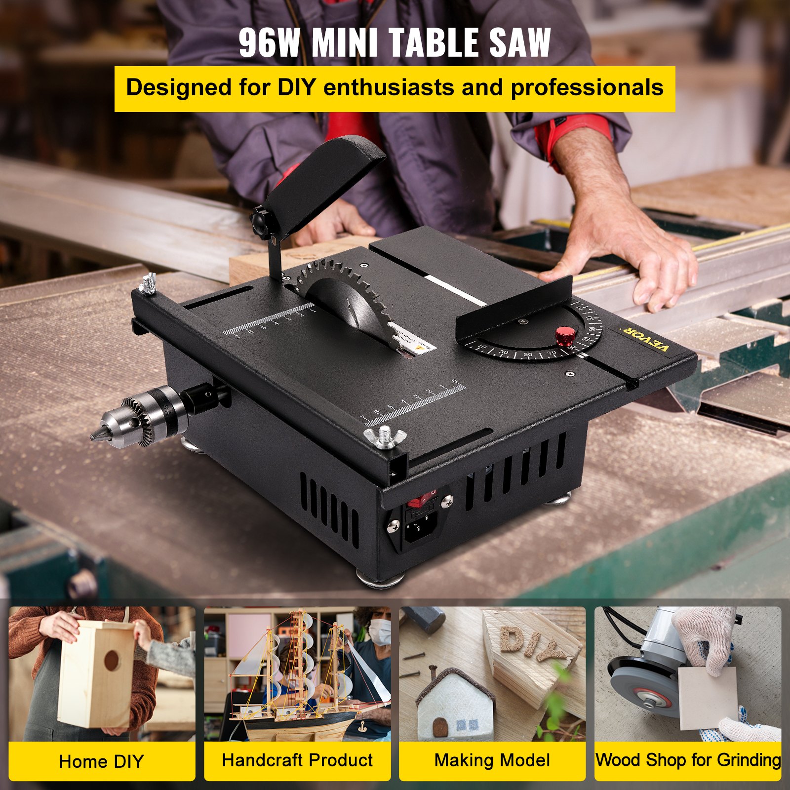 Mini sierra de mesa VEVOR, sierra de mesa Hobby de 200 W para carpintería, sierra de bricolaje portátil de corte en ángulo de 0-90, sierras de mesa multifuncionales 4000RMP, profundidad de corte de 1,57 pulgadas con delantal negro (juego de corte/pulido)