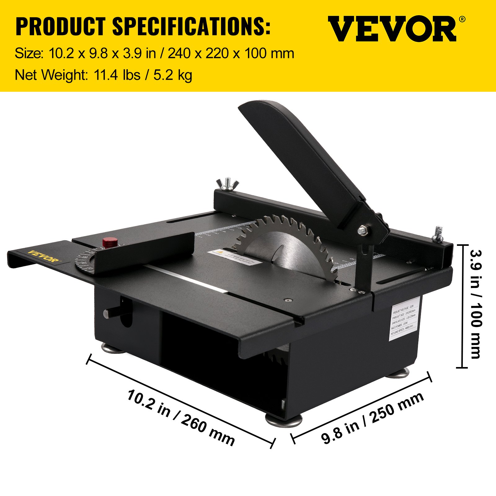 Mini sierra de mesa VEVOR, sierra de mesa Hobby de 200 W para carpintería, sierra de bricolaje portátil de corte en ángulo de 0-90, sierras de mesa multifuncionales 4000RMP, profundidad de corte de 1,57 pulgadas con delantal negro (juego de corte/pulido)