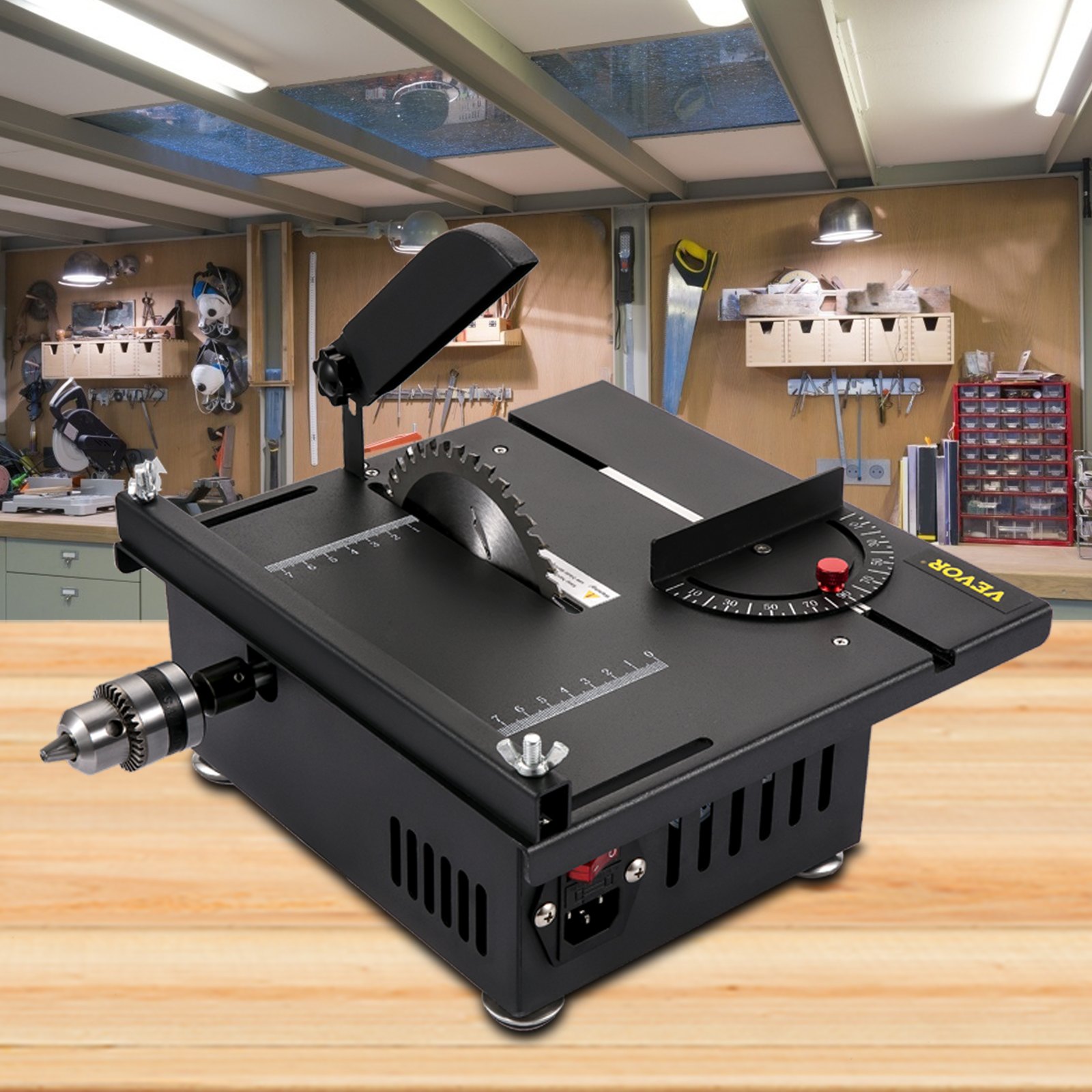 Mini sierra de mesa VEVOR, sierra de mesa Hobby de 200 W para carpintería, sierra de bricolaje portátil de corte en ángulo de 0-90, sierras de mesa multifuncionales 4000RMP, profundidad de corte de 1,57 pulgadas con delantal negro (juego de corte/pulido)
