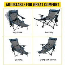 VEVOR Silla de campamento plegable con reposapiés de malla, silla de salón portátil con portavasos y bolsa de almacenamiento, para acampar, pescar y otras actividades al aire libre (azul)