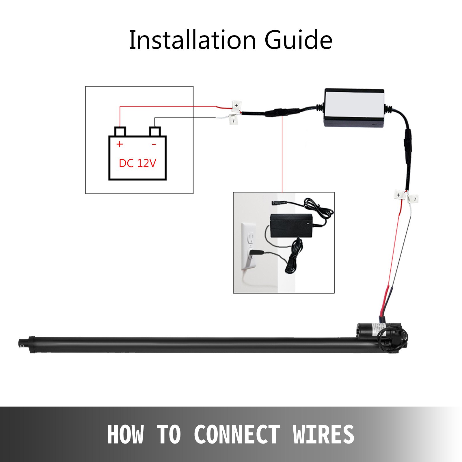 Guía de instalación del kit de actuadores eléctricos VEVOR con diagrama de cableado y conexión CC de 12 V.