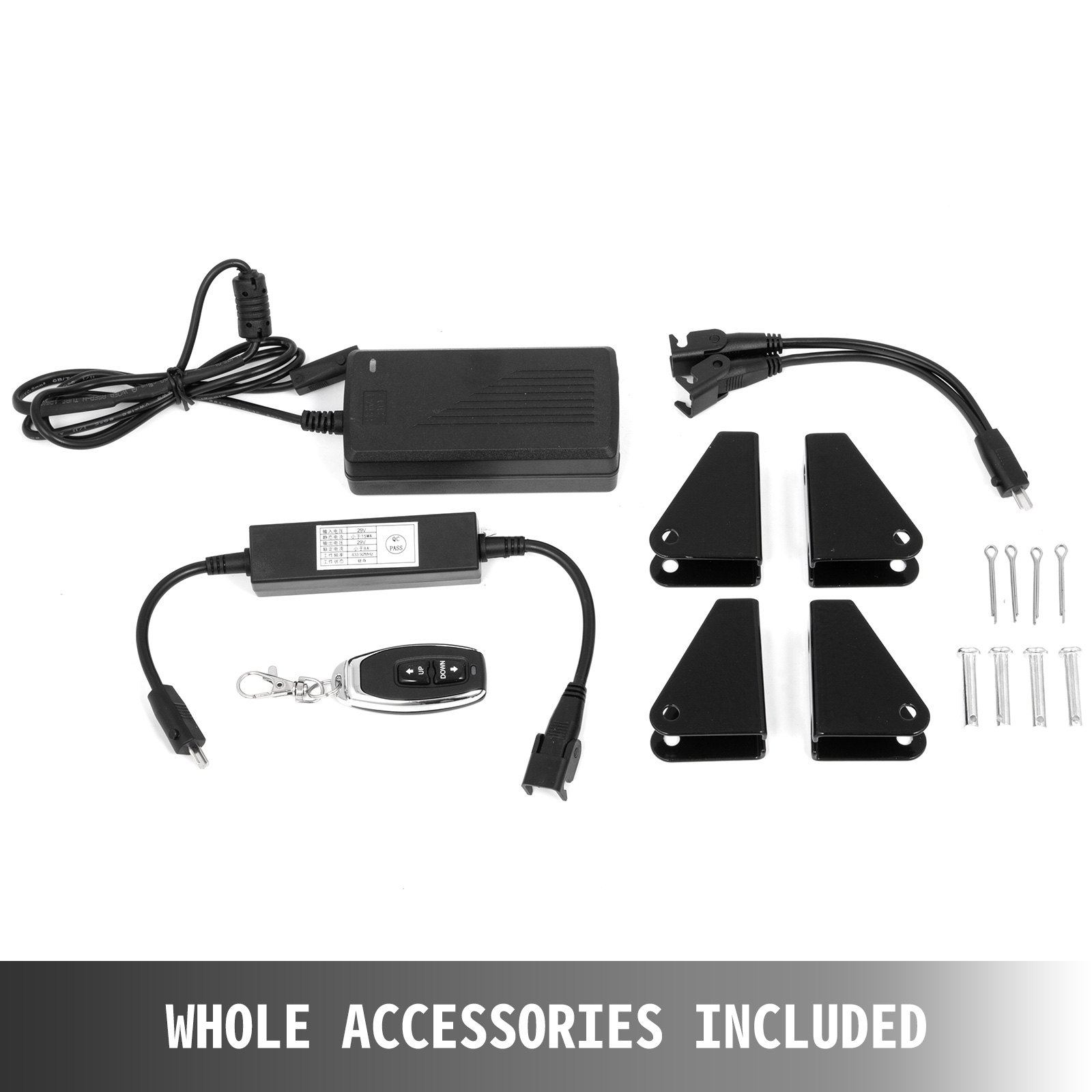 Kit de actuadores eléctricos VEVOR con fuente de alimentación, soportes, control remoto y hardware de montaje.