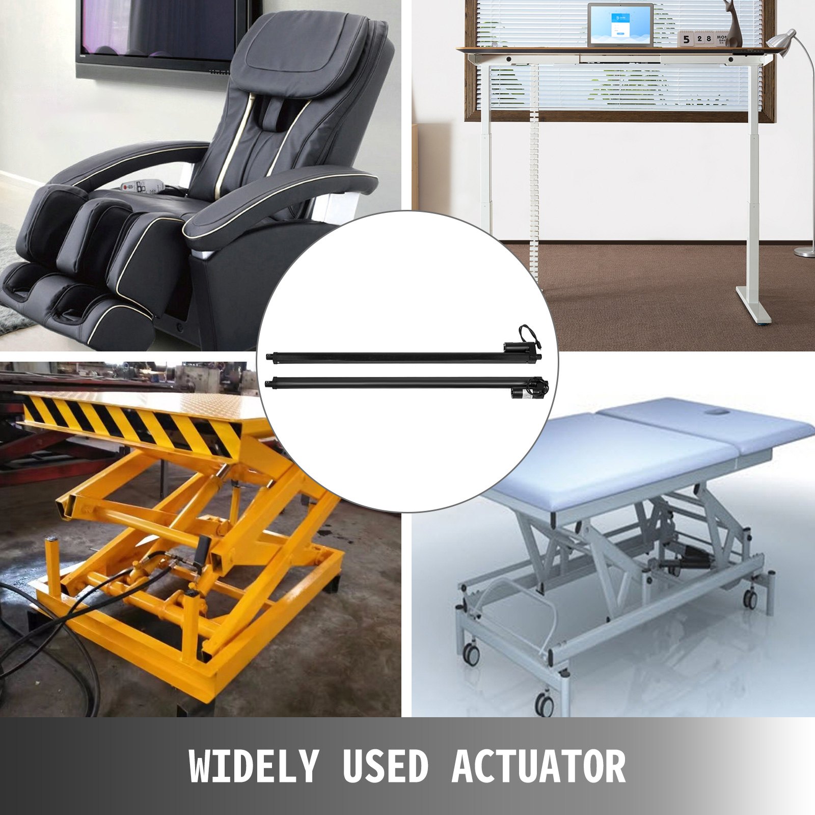 Kit de actuadores eléctricos VEVOR utilizado en sillas, escritorios, elevadores y mesas médicas.