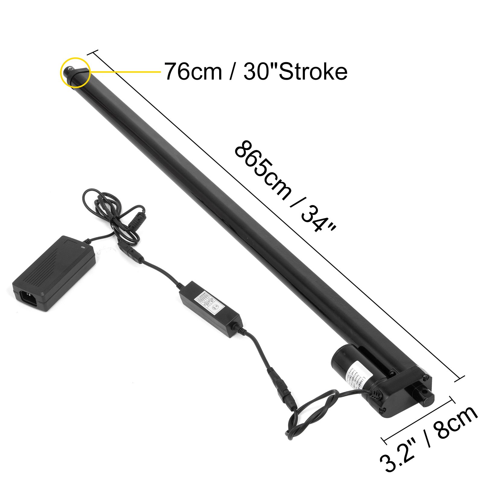 Kit de actuadores eléctricos VEVOR con carrera de 76 cm y adaptador de corriente, longitud de 865 cm.
