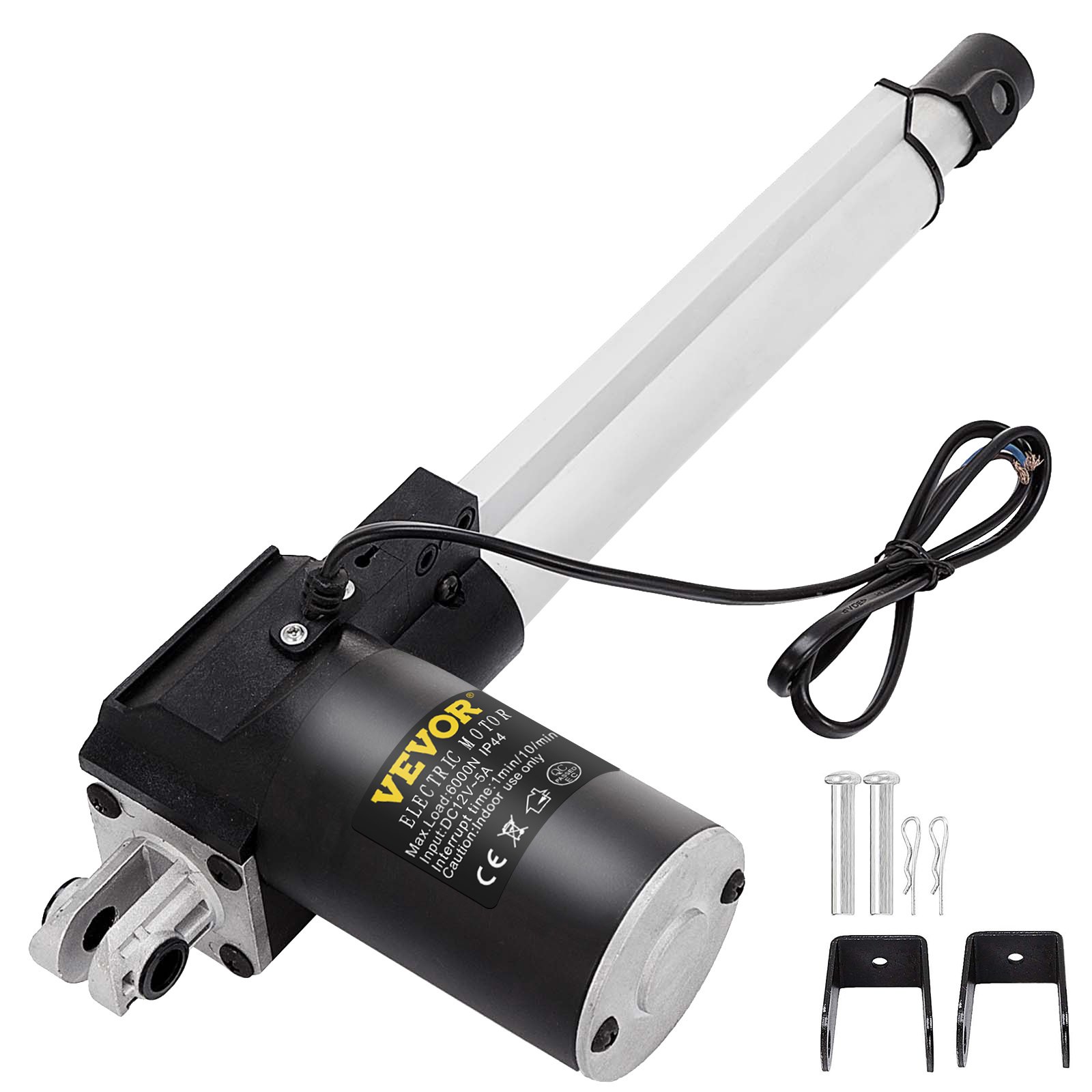 Actuador eléctrico VEVOR con motor negro y varilla blanca, incluye hardware de montaje.