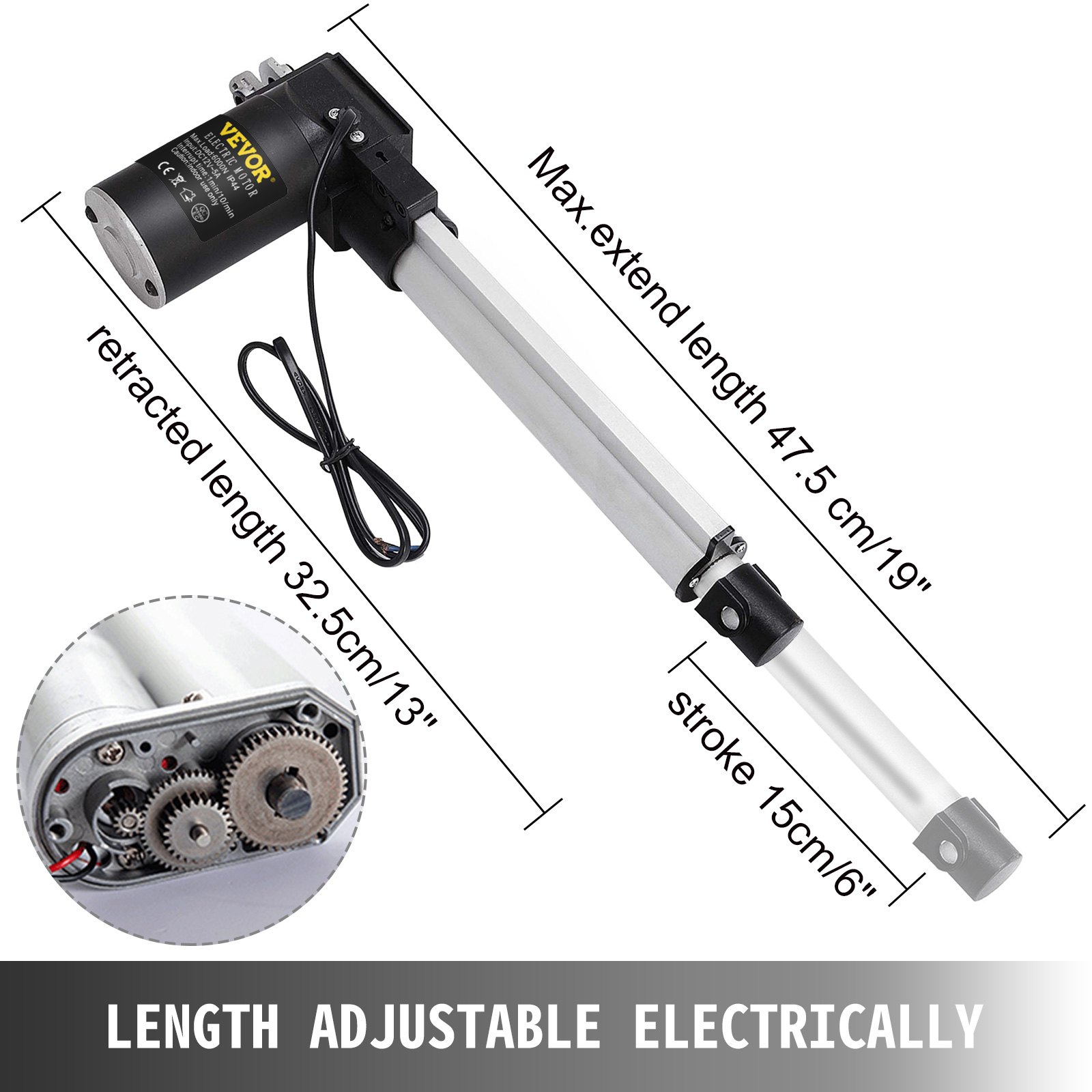Actuador eléctrico VEVOR con longitud ajustable, mostrando dimensiones retraídas y extendidas.