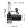 Dimensiones del actuador eléctrico VEVOR: 20 cm de carrera, 37,5 cm de altura, 14 cm de longitud, 7,4 cm de ancho.