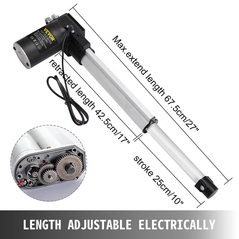 Actuadores eléctricos VEVOR con longitud ajustable y mecanismo de engranaje.