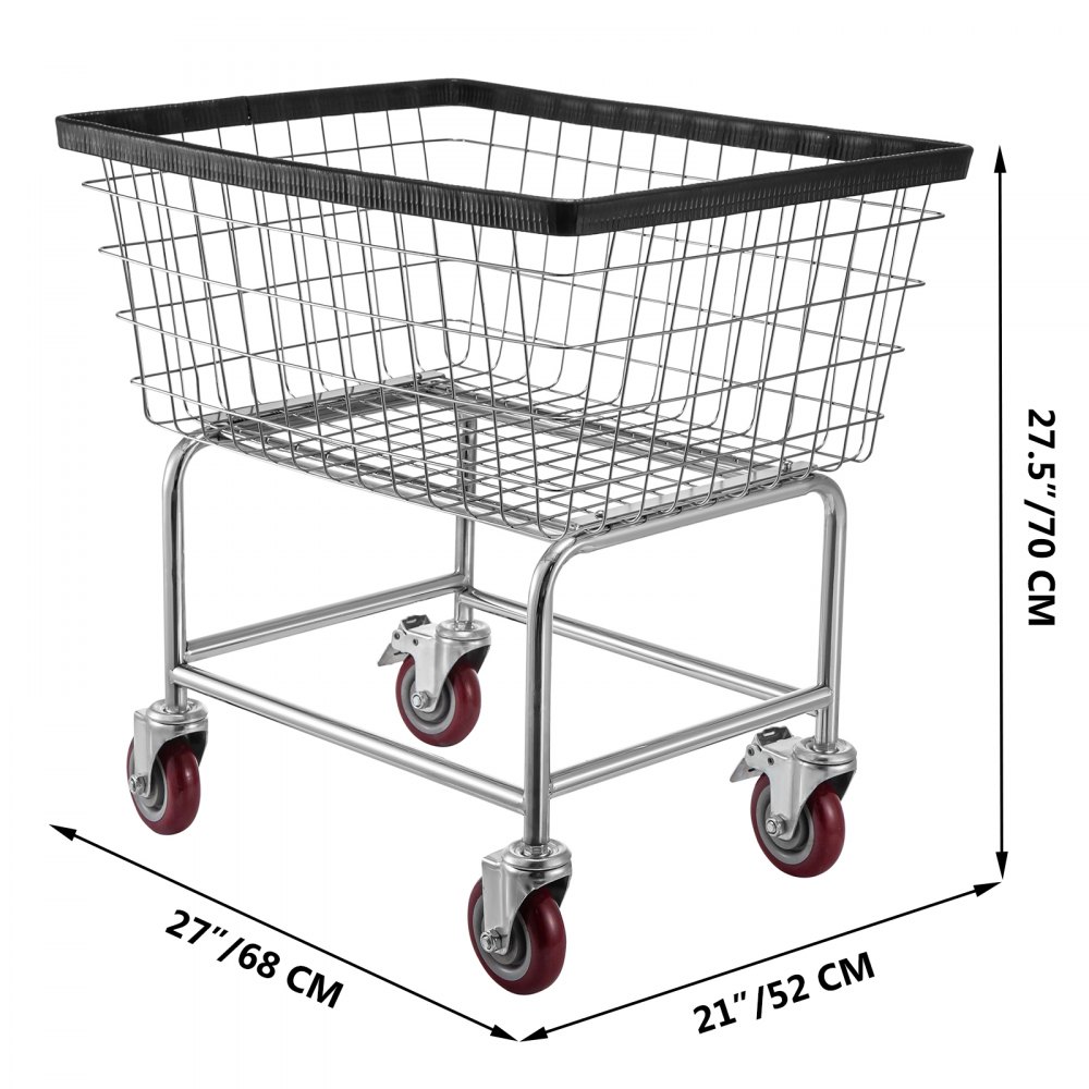 Carrito de lavandería de alambre VEVOR con ruedas rojas, 27x21 pulgadas, 27,5 pulgadas de alto.
