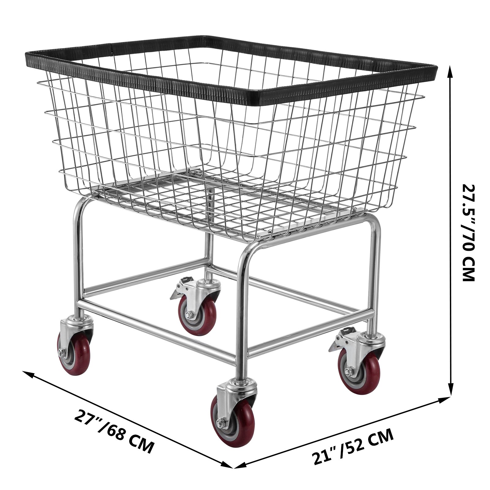 Carrito de lavandería de alambre VEVOR con ruedas rojas, 27x21 pulgadas, 27,5 pulgadas de alto.