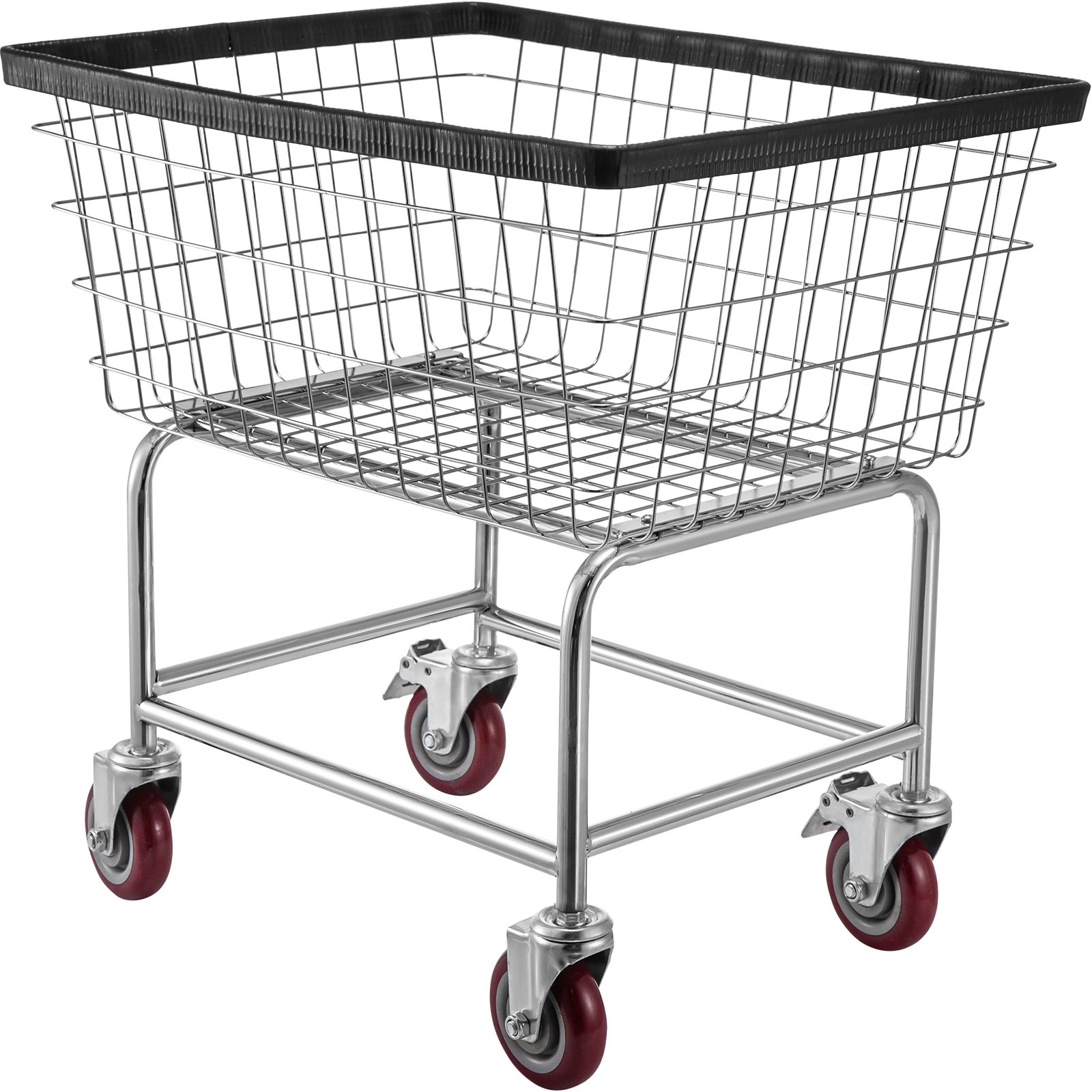 Carrito de lavandería de alambre VEVOR con ruedas giratorias rojas y canasta de alambre con borde negro.