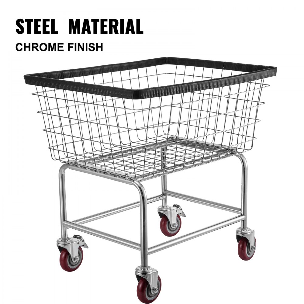 Carrito de lavandería de alambre VEVOR con material de acero y acabado cromado, ruedas giratorias rojas.