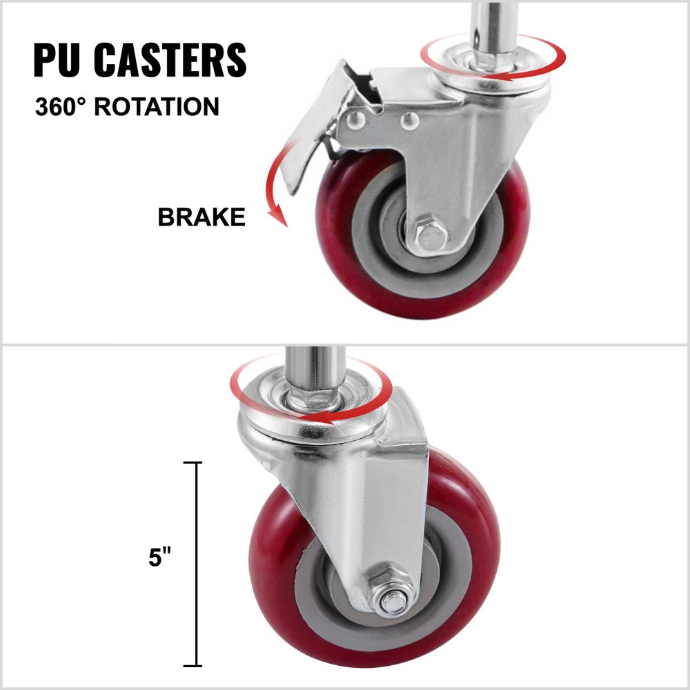 Carrito de lavandería de alambre VEVOR con ruedas de PU con rotación de 360° y freno, ruedas rojas de 5 pulgadas.