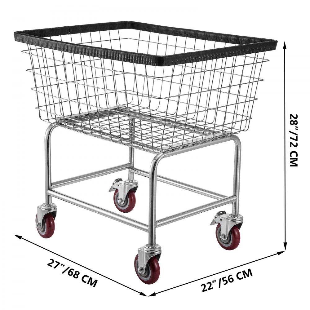 Carrito de lavandería de alambre VEVOR con ruedas giratorias rojas y detalles negros, dimensiones 28&quot; x 27&quot; x 22&quot;.