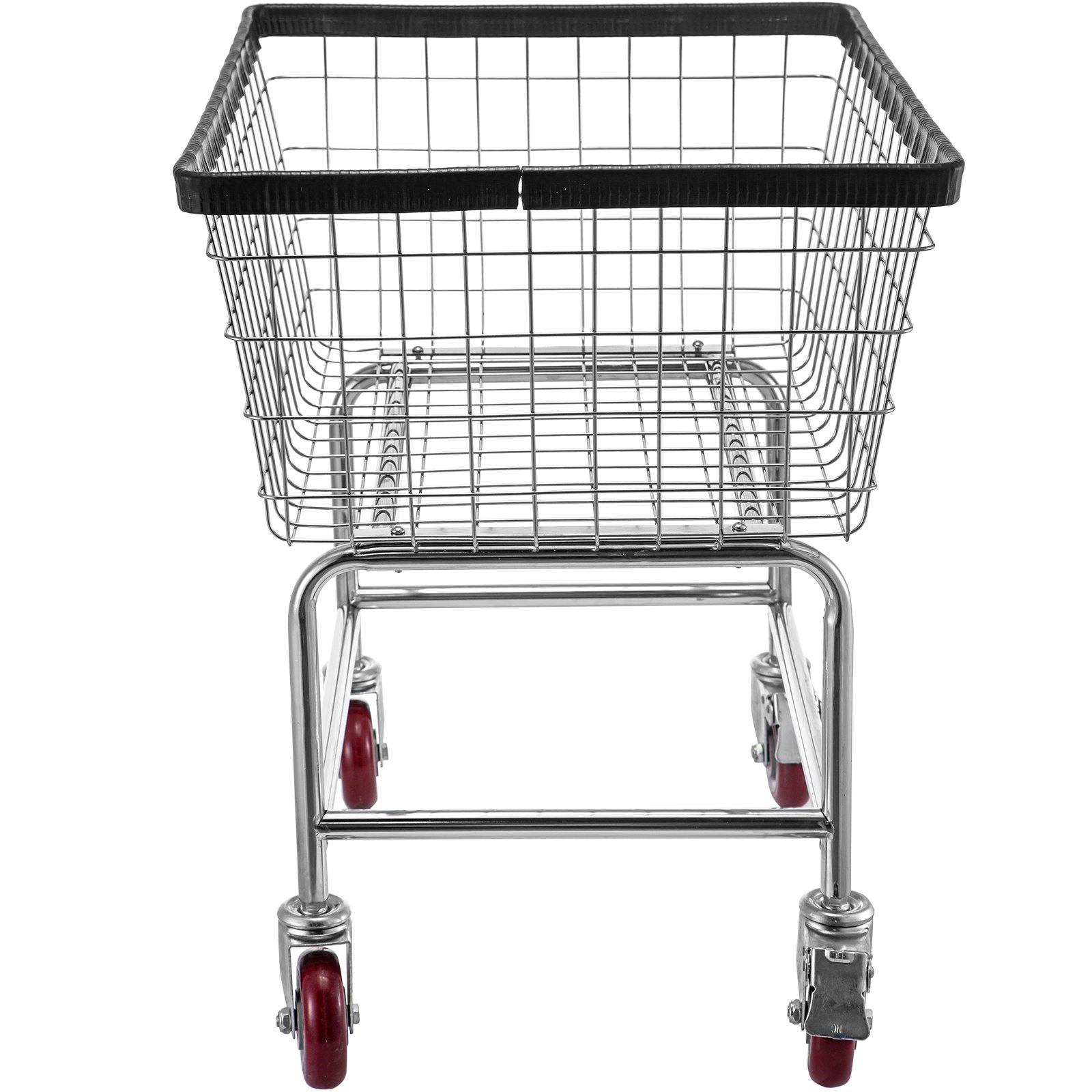 Carrito de lavandería de alambre VEVOR con ruedas rojas y marco cromado.