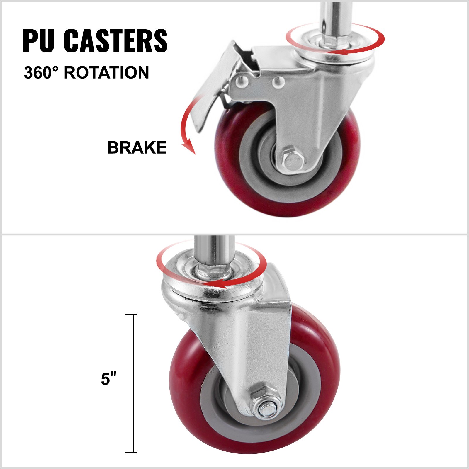 Carrito de lavandería de alambre VEVOR con ruedas de PU con rotación de 360° y freno, ruedas rojas de 5 pulgadas.
