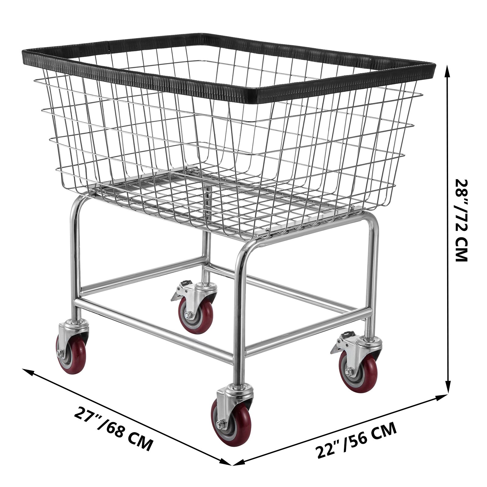 Carrito de lavandería de alambre VEVOR con ruedas giratorias rojas y detalles negros, dimensiones 28&quot; x 27&quot; x 22&quot;.