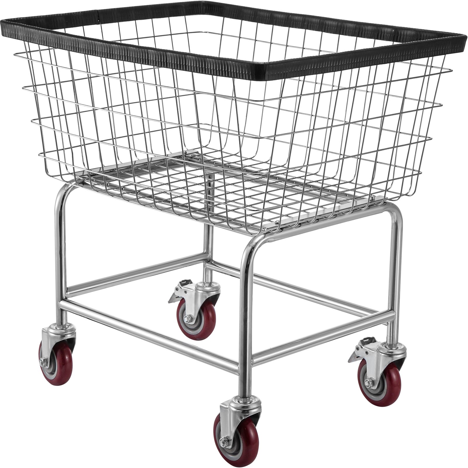 Carrito de lavandería de alambre VEVOR con ruedas giratorias rojas y borde de goma negro.
