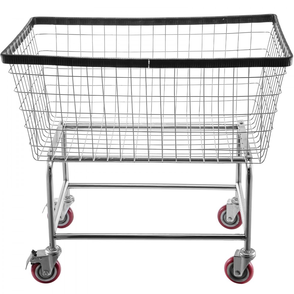 Carrito de lavandería de alambre VEVOR con ruedas rojas y marco cromado, cesta con borde negro.