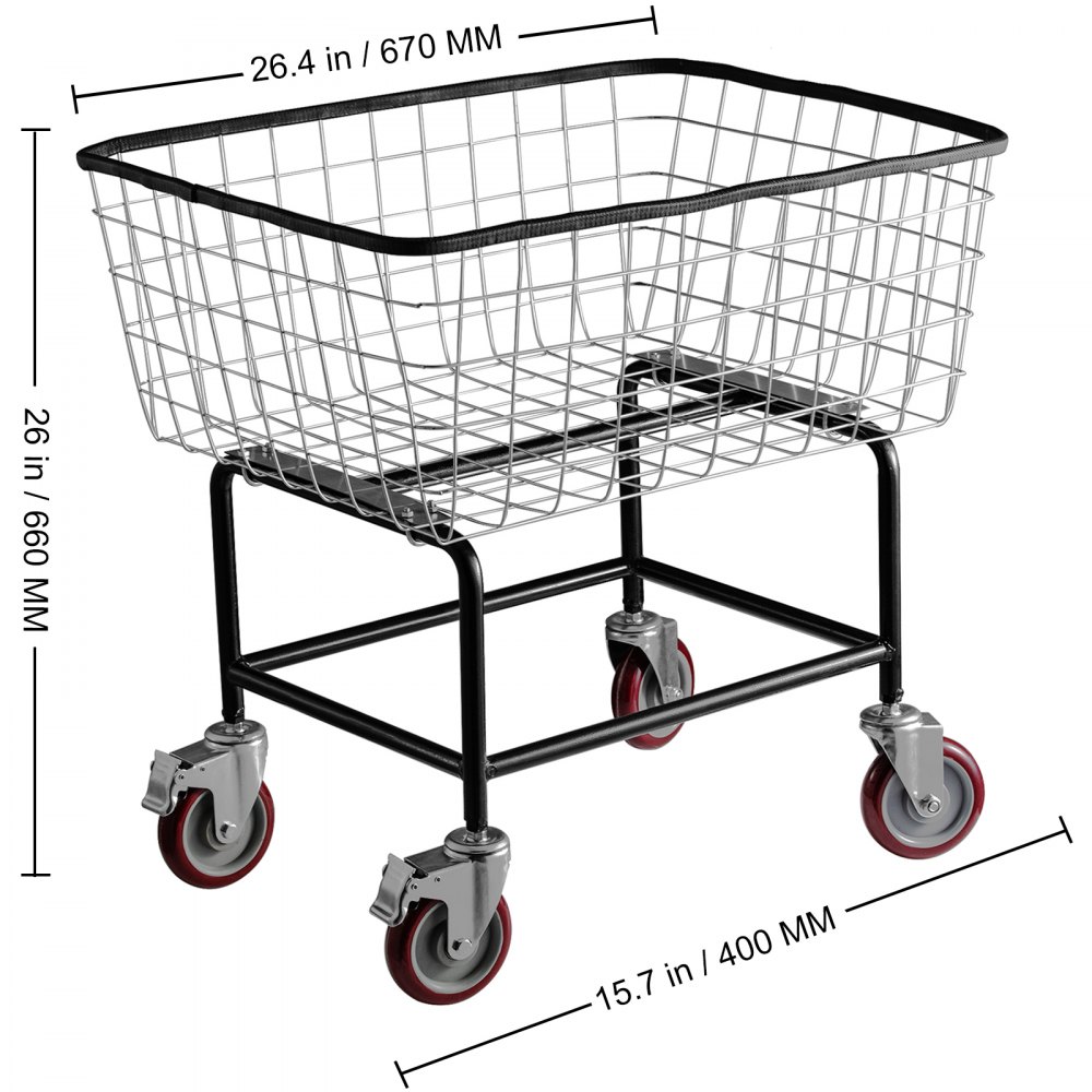 Carrito de lavandería de alambre VEVOR con dimensiones de 26,4 x 15,7 x 26 pulgadas, marco resistente y ruedas giratorias.