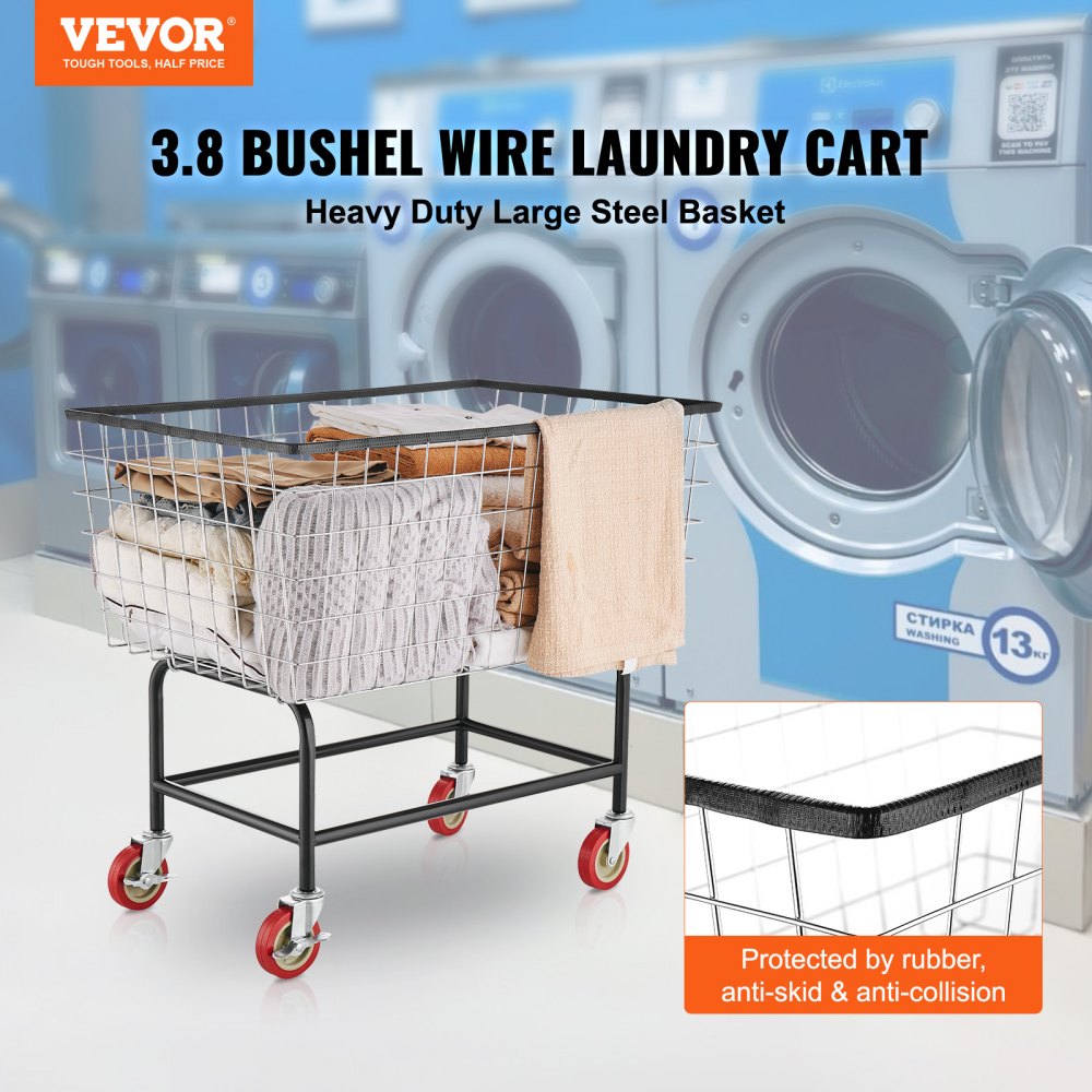 Carrito de lavandería de alambre VEVOR, cesta de lavandería de alambre de 4,5 bushels con ruedas, 35\'\' x 15,7\'\' x 22\'\', carrito de lavandería de alambre comercial, estructura de acero con acabado cromado, ruedas de 5\'\', carrito de cesta de alambre para Lau