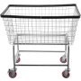 Carrito de lavandería de alambre VEVOR con ruedas rojas y marco cromado, cesta con borde negro.