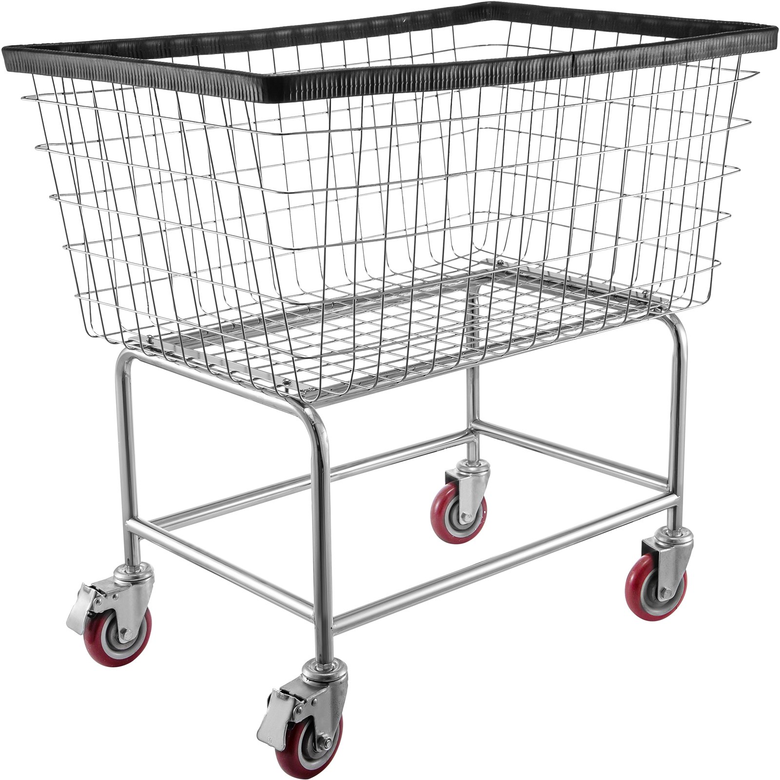 Carrito de lavandería de alambre cromado con ruedas rojas y molduras de goma negra de VEVOR.