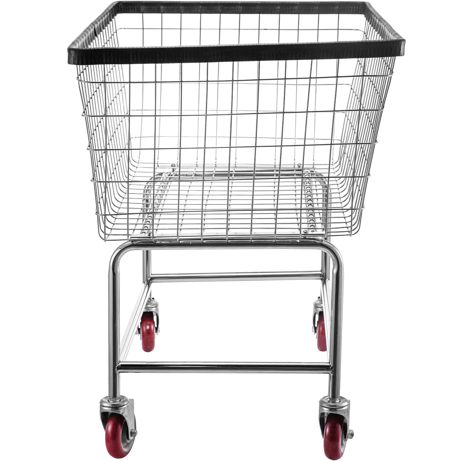Carrito de lavandería de alambre VEVOR con ruedas rojas y estructura de metal resistente.