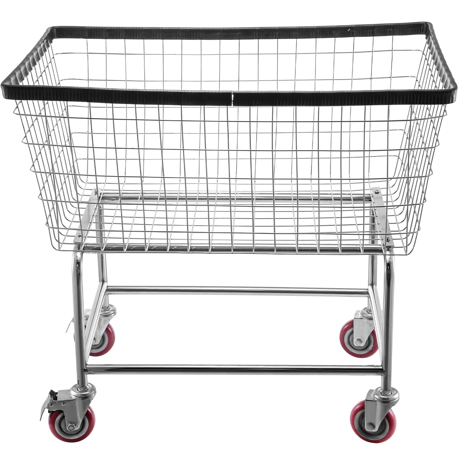 Carrito de lavandería de alambre VEVOR con ruedas rojas y marco cromado, cesta con borde negro.