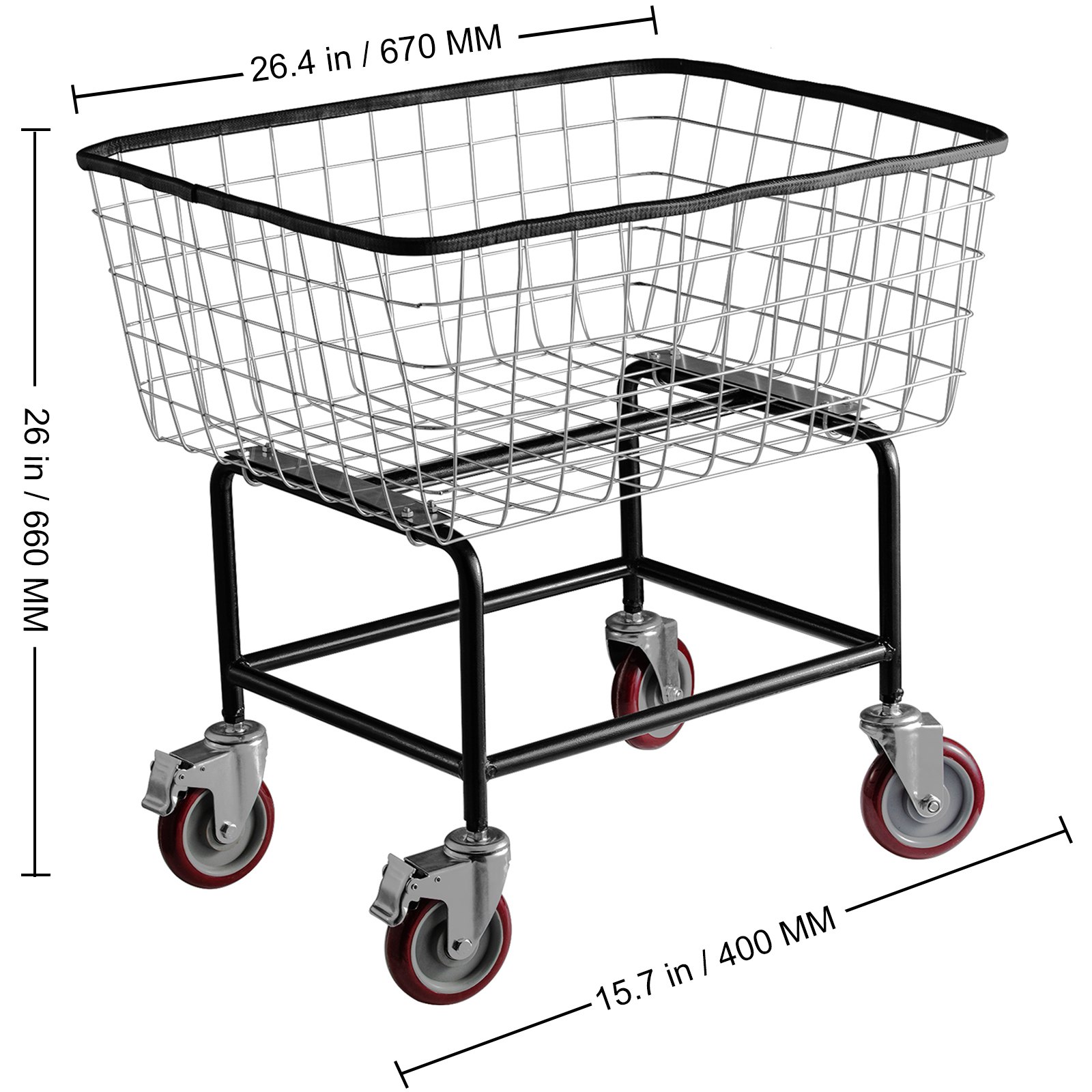 Carrito de lavandería de alambre VEVOR con dimensiones de 26,4 x 15,7 x 26 pulgadas, marco resistente y ruedas giratorias.