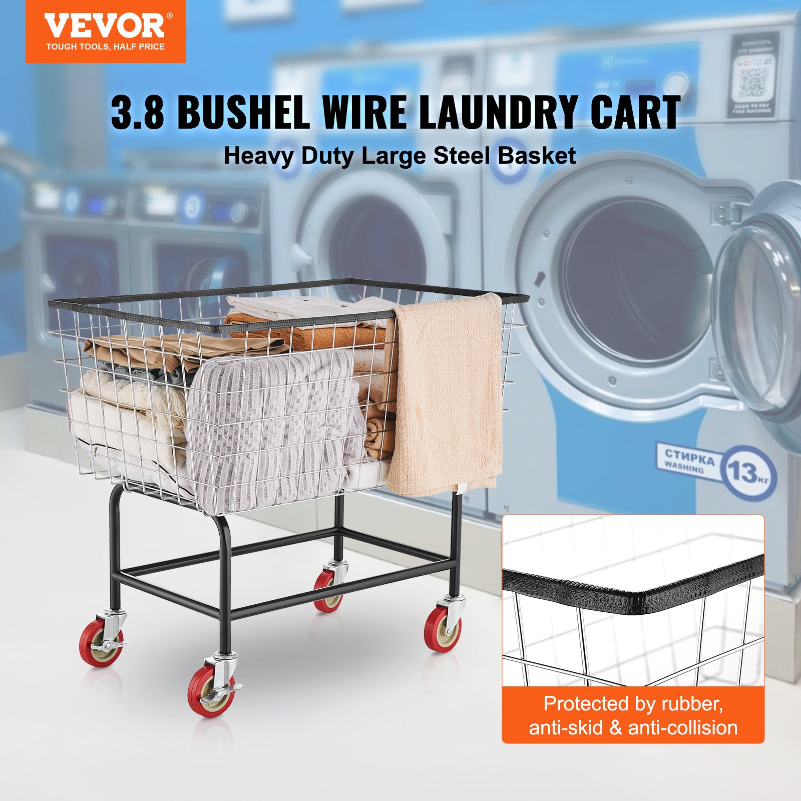Carrito de lavandería de alambre VEVOR, cesta de lavandería de alambre de 4,5 bushels con ruedas, 35\'\' x 15,7\'\' x 22\'\', carrito de lavandería de alambre comercial, estructura de acero con acabado cromado, ruedas de 5\'\', carrito de cesta de alambre para Lau