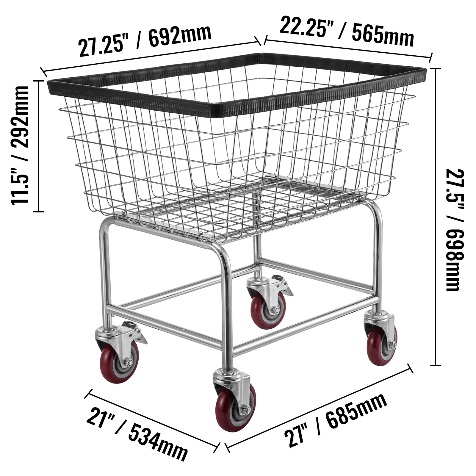 Carrito de lavandería de alambre VEVOR con dimensiones: 27,5&quot; de alto x 27,25&quot; de ancho x 21&quot; de profundidad.