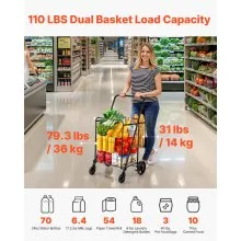 Carro de la compra plegable VEVOR, carro de supermercado gigante con cestas dobles, ruedas giratorias de 360°, carro utilitario de servicio pesado, carro utilitario de gran capacidad de 110 libras para lavandería, compras, comestibles, equipaje