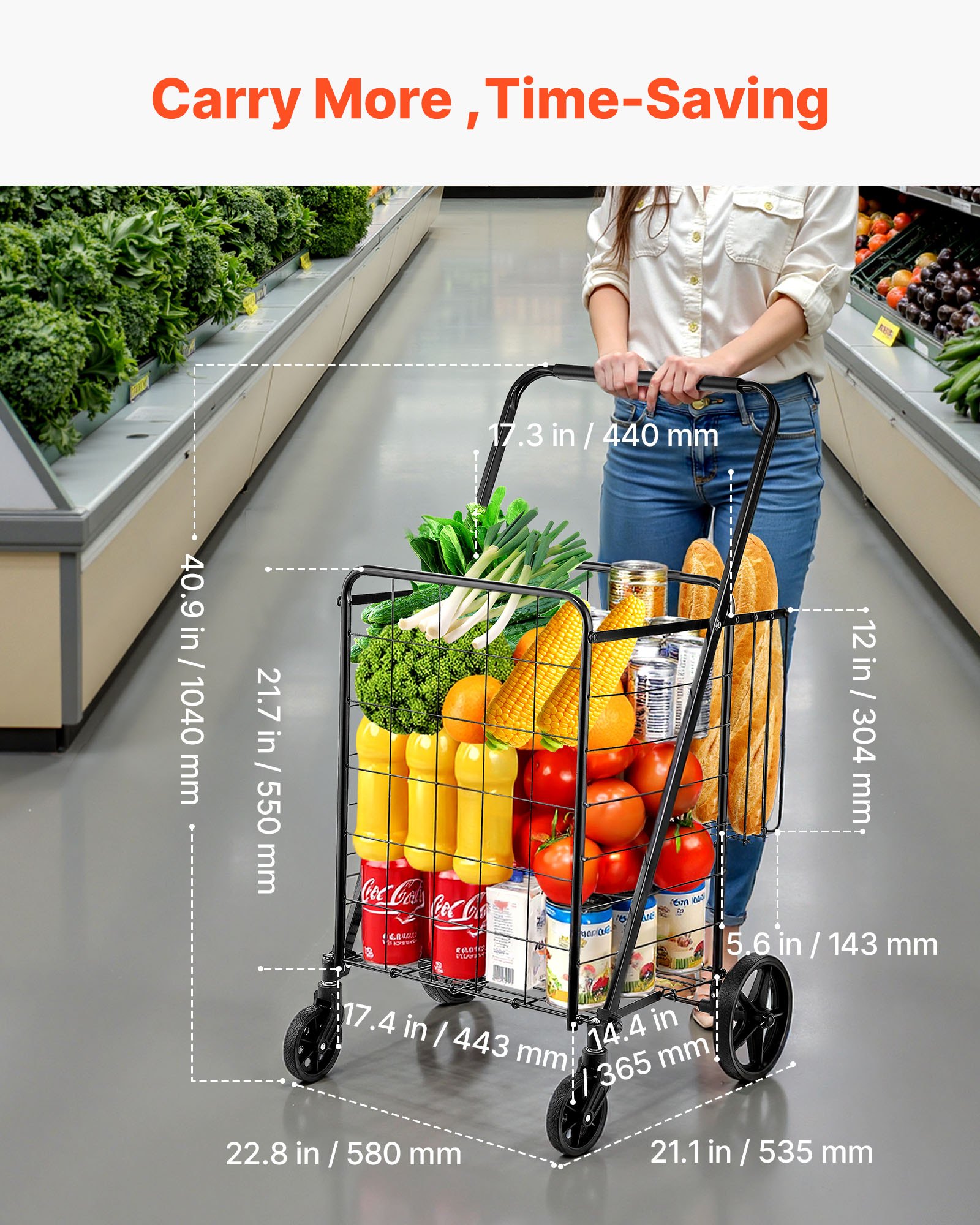 Carrito de compras plegable VEVOR, carrito jumbo con cestas dobles, ruedas giratorias de 360°, carrito utilitario resistente, carrito utilitario de gran capacidad de 50 kg para lavandería, compras, comestibles y equipaje.