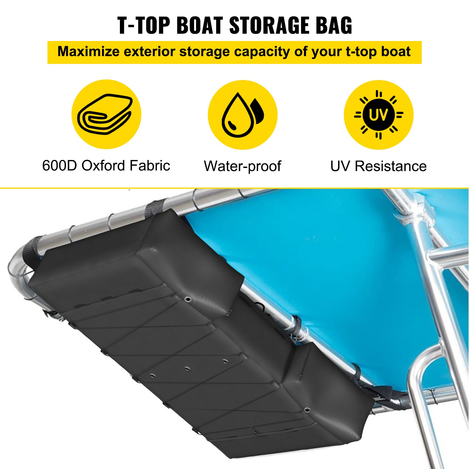 Bolsa de almacenamiento VEVOR T-top debajo de un dosel de barco azul con tela oxford 600d, impermeable, resistente a los rayos UV.