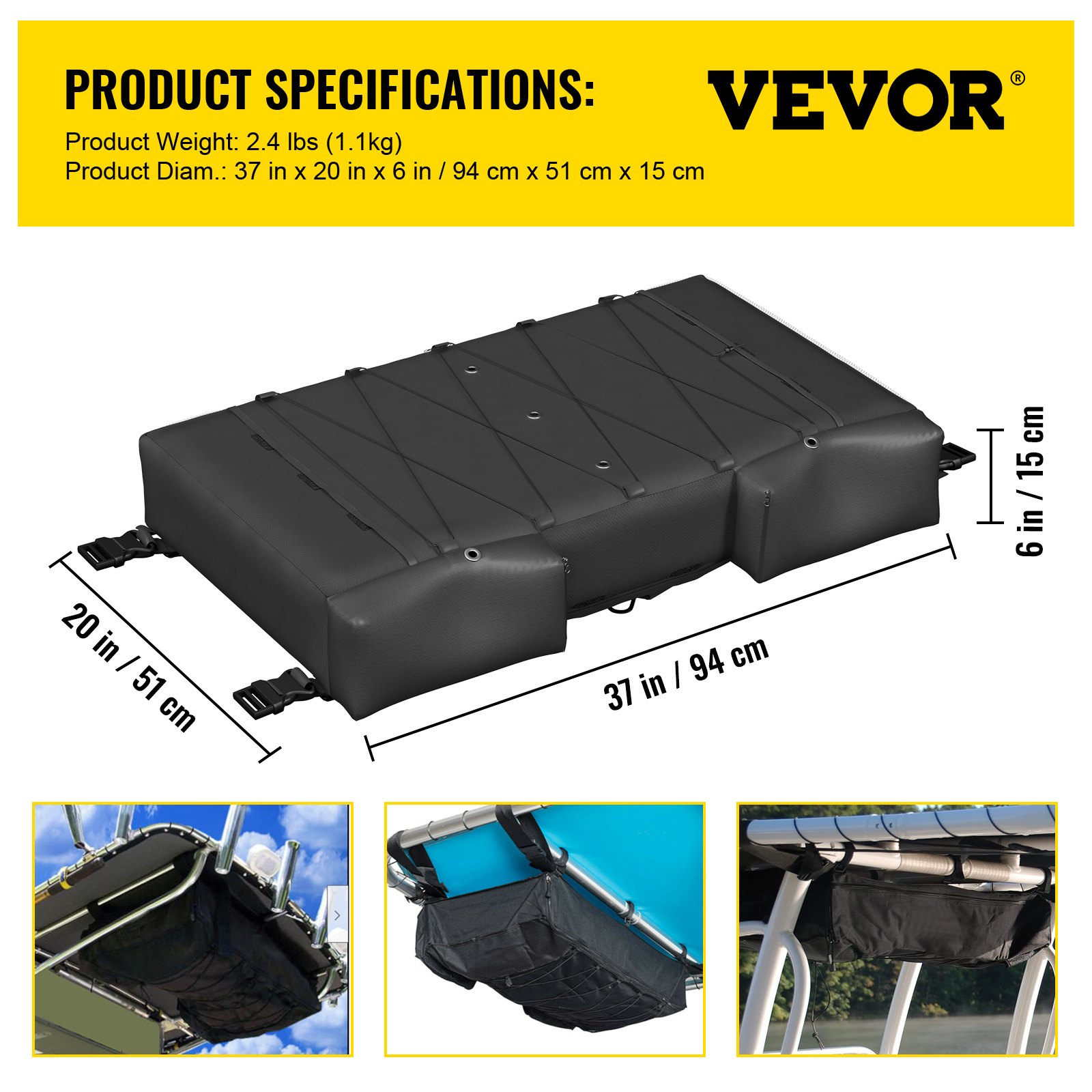 Bolsa de almacenamiento VEVOR T-top con dimensiones de 37 pulgadas x 20 pulgadas x 6 pulgadas, instalada en los marcos de la parte superior del T del barco.