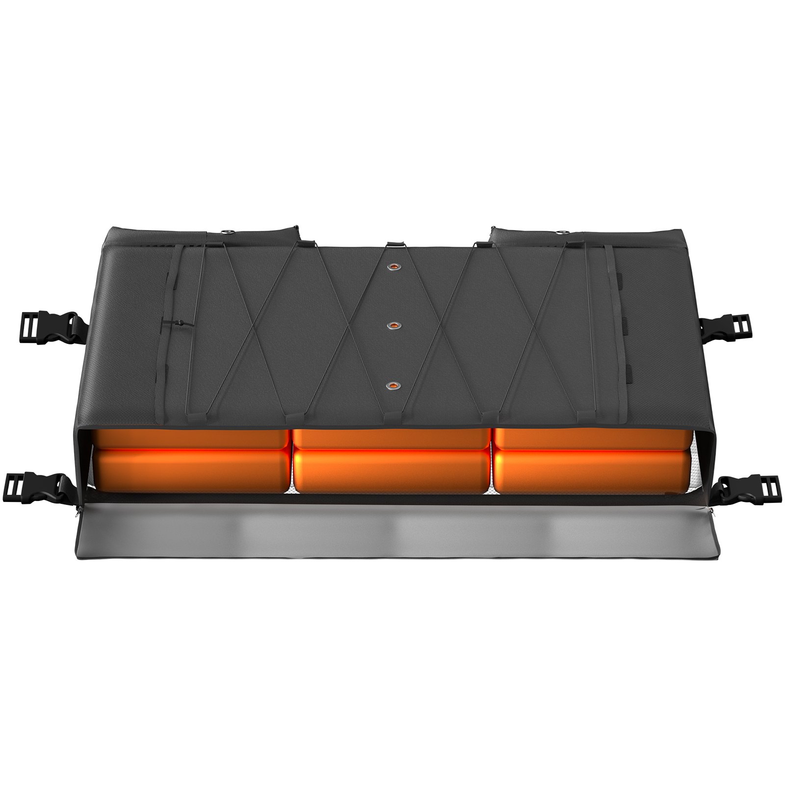 Bolsa de almacenamiento VEVOR T-top con exterior negro, compartimentos organizados y acolchado naranja en el interior.
