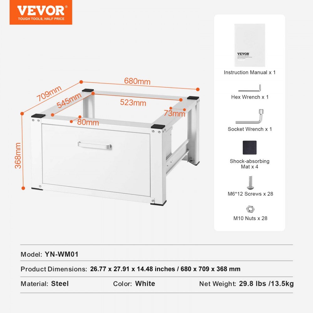 Pedestal para lavadora VEVOR de 68 cm de ancho y 36 cm de alto. Base universal para lavadora y secadora con capacidad de 300 kg. Base multifuncional resistente para lavadora con cajón y accesorios.