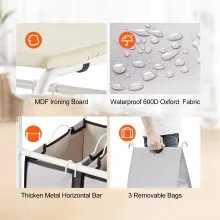 VEVOR Carro clasificador de ropa sucia de 3 secciones con tabla de planchar, cesto de ropa sucia con ruedas bloqueables resistentes y 3 bolsas extraibles, clasificador de cesta de ropa sucia rodante para almacenamiento de ropa
