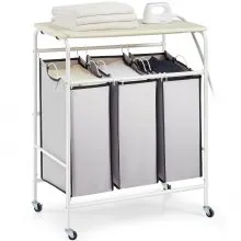 VEVOR Carro clasificador de ropa sucia de 3 secciones con tabla de planchar, cesto de ropa sucia con ruedas bloqueables resistentes y 3 bolsas extraibles, clasificador de cesta de ropa sucia rodante para almacenamiento de ropa