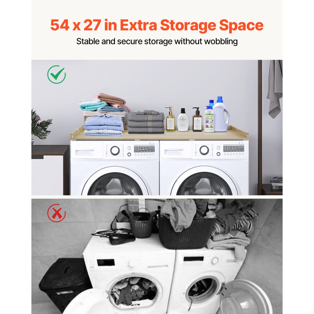 VEVOR - Encimera de madera para lavadora y secadora (137 x 68 cm), resistente al agua, con almohadillas antideslizantes, ideal para organizar y almacenar la lavandería, color roble