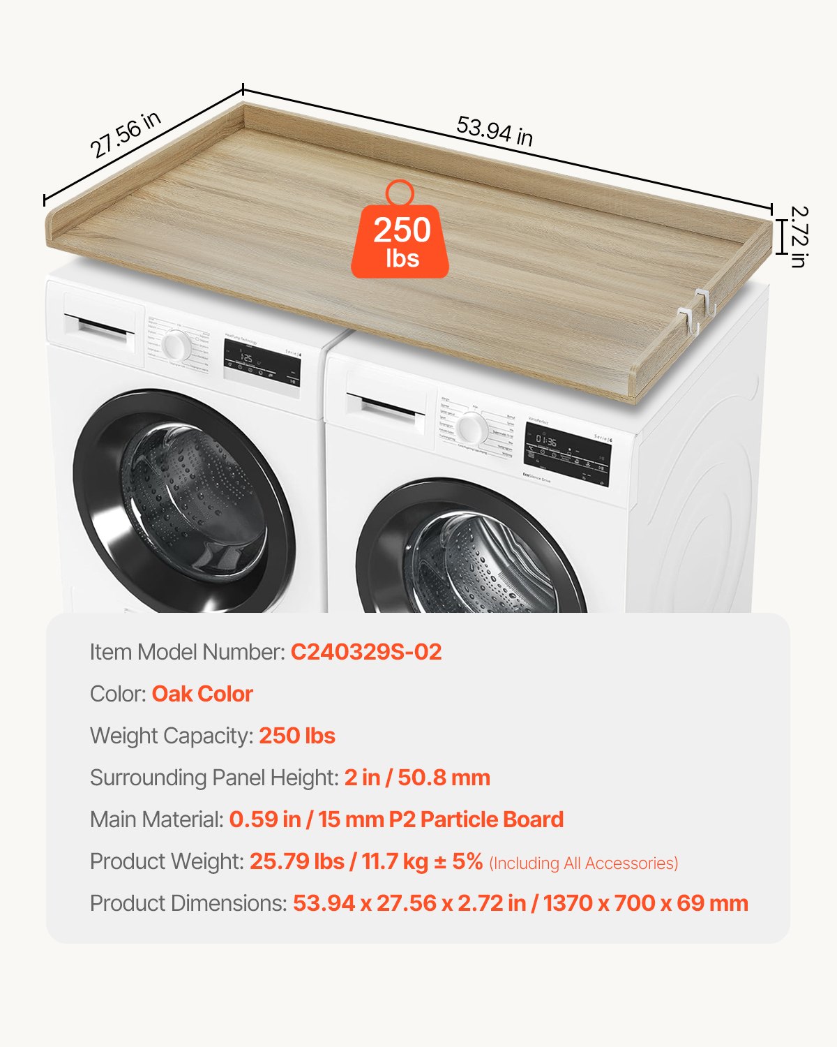 Encimera de lavandería Royxen de madera maciza, encimera para todas las lavadoras y secadoras de carga frontal, espacio adicional para el lavadero, roble