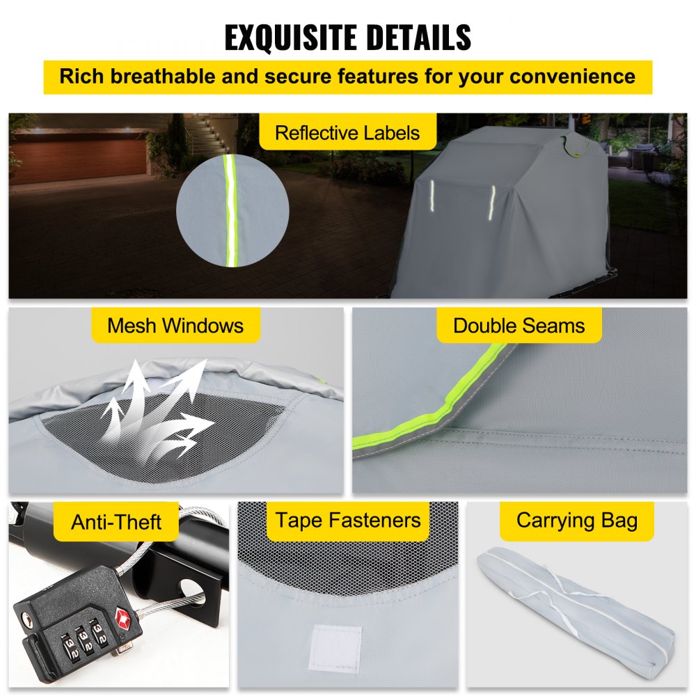 VEVOR Refugio para motocicletas, cubierta impermeable para motocicletas, cobertizo resistente para motocicletas, cobertizo para motocicletas Oxford 420D Anti-UV, 133.9"x53.9"x76.8" Tienda de garaje de almacenamiento de refugio gris con candado y bolsa de pesas