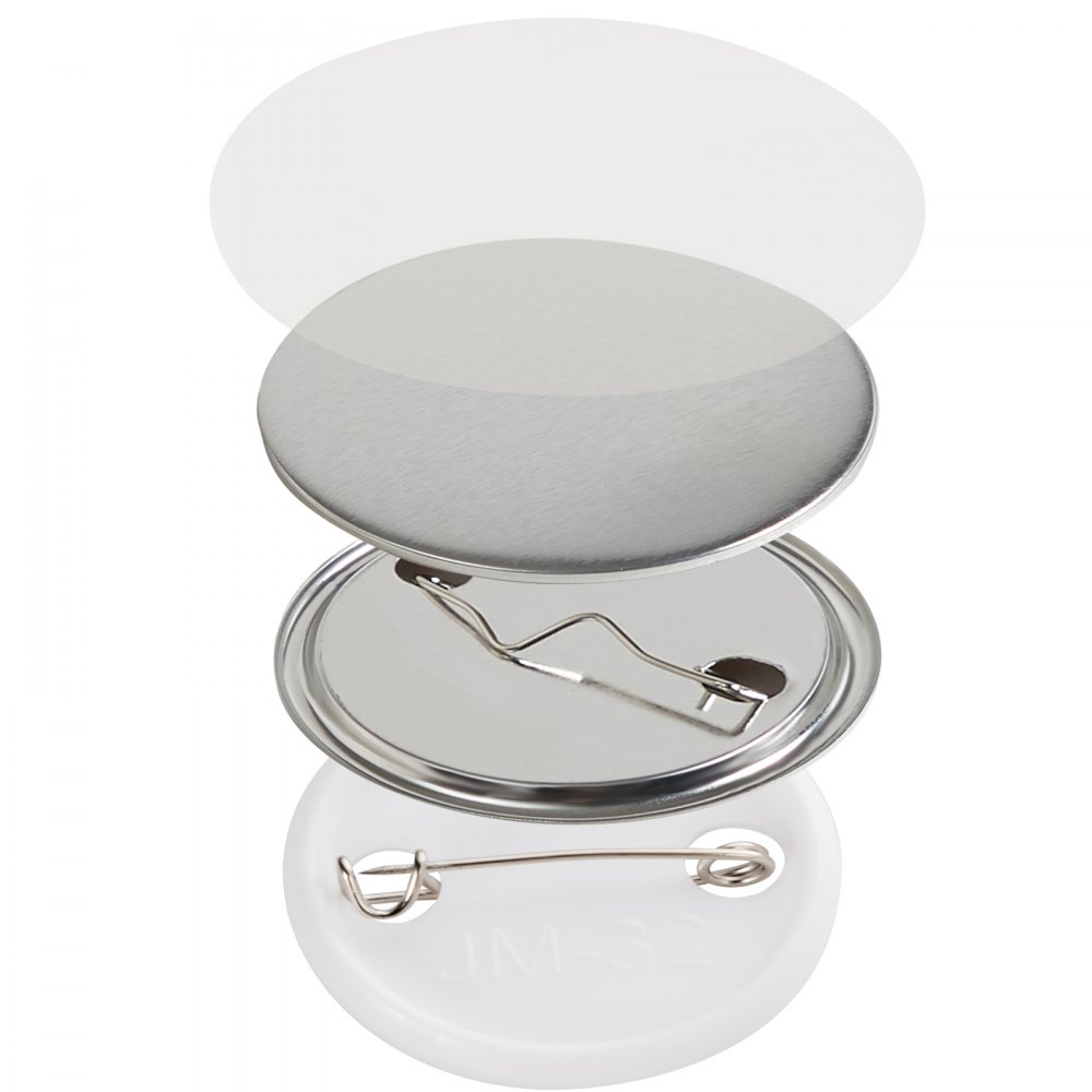 Vista ampliada de las piezas del fabricante de botones VEVOR, que muestra la parte posterior del pin, la cubierta de metal y la película transparente.