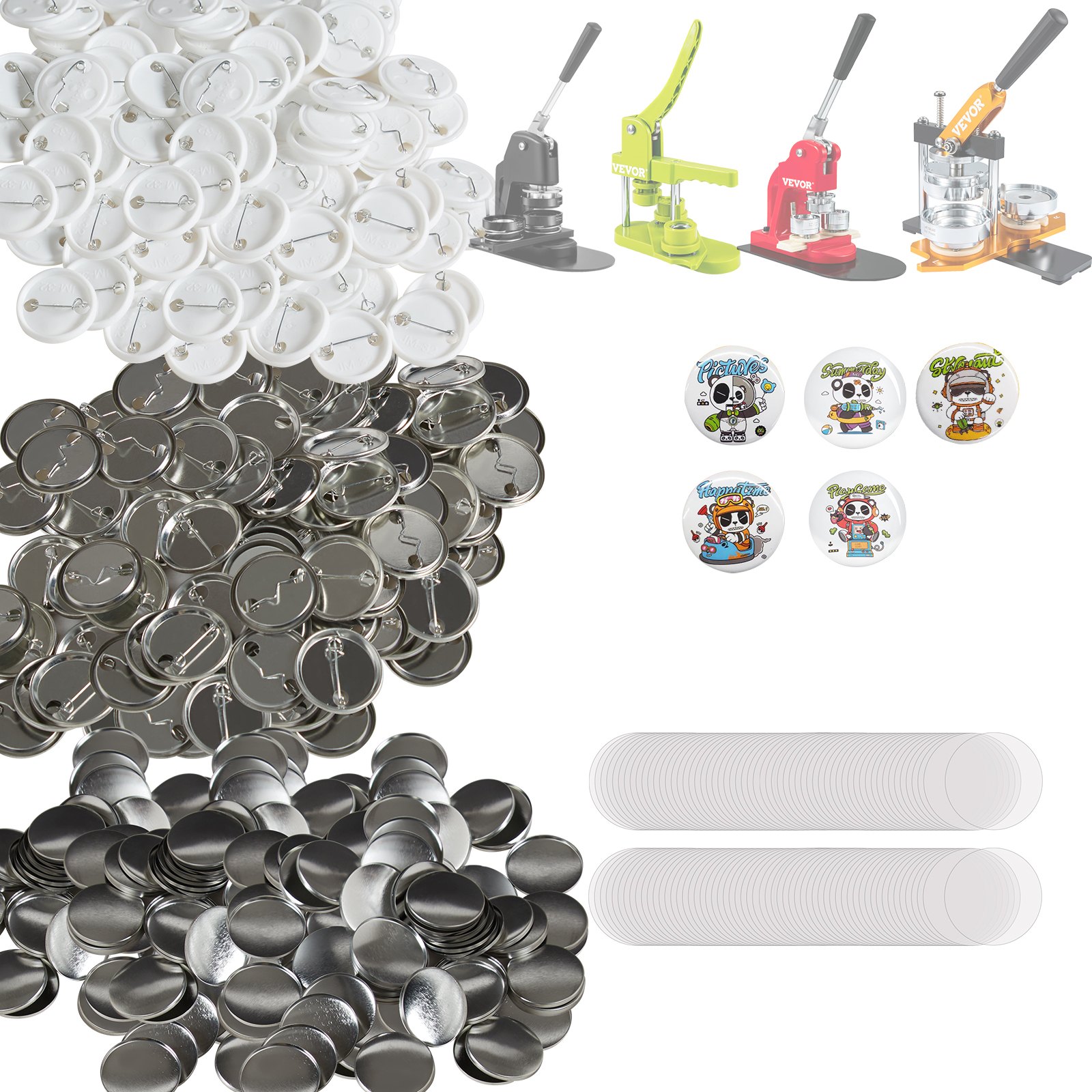 Piezas para fabricar botones VEVOR que incluyen prensas, respaldos de pines, recortes circulares y diseños de botones de muestra.